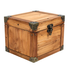 Rustic wooden chest with ornate metal hardware sits on black background.