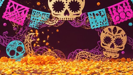 Vibrant Day of the Dead decorations featuring sugar skulls and papel picado on a dark background with orange marigold petals.