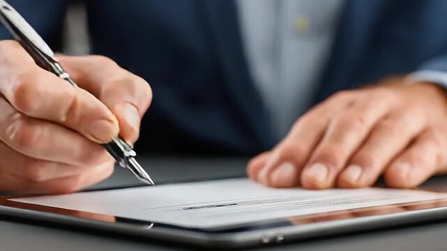Ink and Agreement: A close-up view of a hand, delicately wielding a pen, signing a contract, a tangible symbol of agreement and commitment.