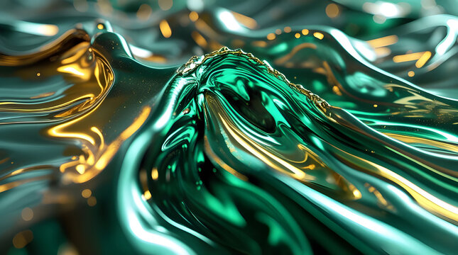 liquid-metallic waves in emerald green and golden hues, Emerald Alloy Waves, Generative Ai - Powered by Adobe