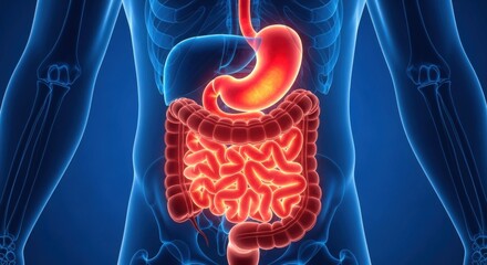 Detailed 3d rendering of human digestive system stomach and intestines glowing red orange