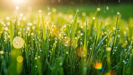 Macro close-up of fresh green grass blades with sparkling dew drops glistening in warm golden - Powered by Adobe