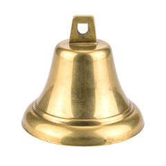 Polished brass hand bell isolated on a stark black background.