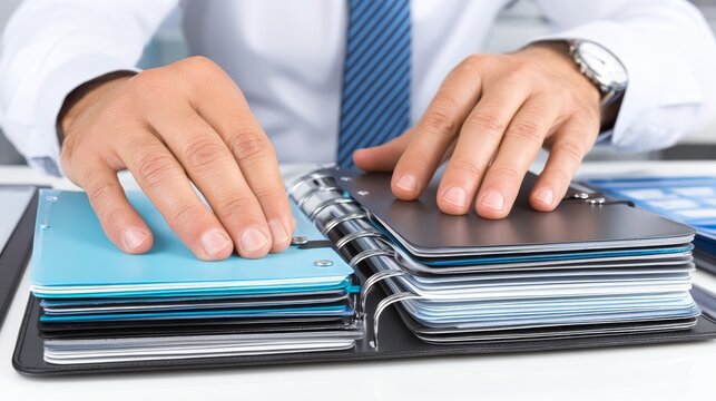 Professional man efficiently working on laptop with organized stack of folders enhancing workplace productivity.