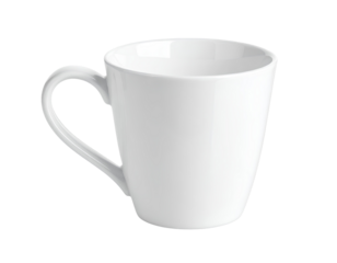 White ceramic cup with smooth glossy surface and minimalist design, isolated on transparent background, PNG