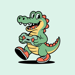 Happy crocodile gamer walking with controller, bright sneakers, cheerful streaming mascot, friendly reptile character, family gaming vector artwork