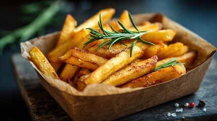 Crispy golden fries with rosemary and spices in a brown paper box