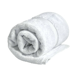 Fluffy white terry cloth towel is rolled up on a black background.