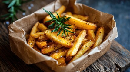 Crispy golden fries with rosemary and spices in a brown paper box