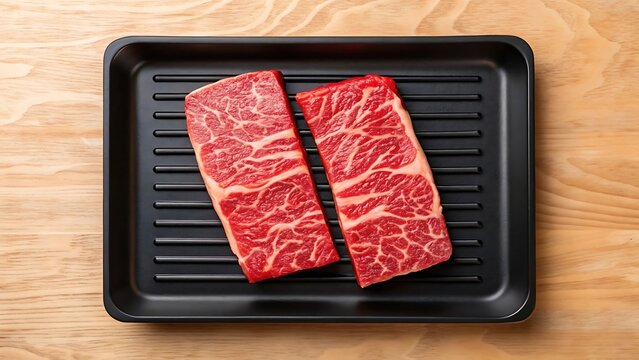 Illustration of two raw wagyu beef steaks on a black tray, ready for cooking on wooden table - Powered by Adobe
