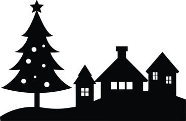 Christmas scene vector silhouette icon, Christmas village clipart, merry christmas, Christmas Village Silhouette Scene - Winter Town Vector Skyline Collection