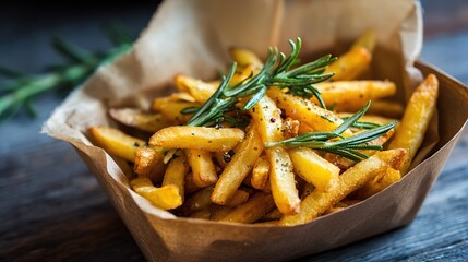 Crispy golden fries with rosemary and spices in a brown paper box