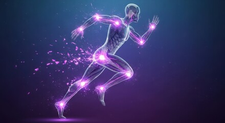 Abstract glowing human figure running with joint pain visualization technology digital art