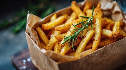 Crispy golden fries with rosemary and spices in a brown paper box