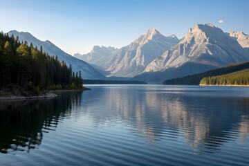 A beautiful glacial landscape scene.  The mount's reflection in the crystal clear water. The cloudy sky over the massive rock glacier. Travel wild nature