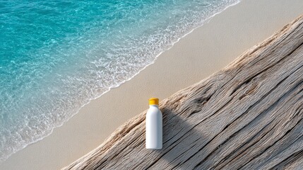 sunlit skin Sunscreen Bottle on Driftwood by Tropical Beach with Crystal Clear Water beauty routine