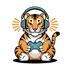 Adorable tiger gamer, headset on, bright star frame, handheld controller, streaming mascot, playful esports design, vector graphic