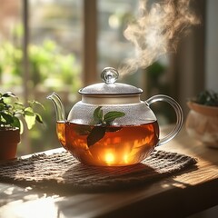 Steaming glass teapot infusing herbal tea on sunlit wooden table  high resolution   for isolate image