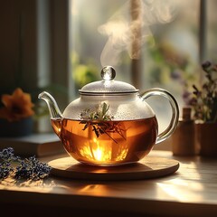 Steaming glass teapot infusing herbal tea on sunlit wooden table  high resolution   for isolate image