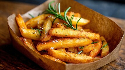 Crispy golden fries with rosemary and spices in a brown paper box