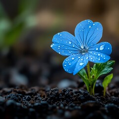 Vibrant blue flower with dewdrops on soil background capturing nature's beauty  high resolution   for isolate image