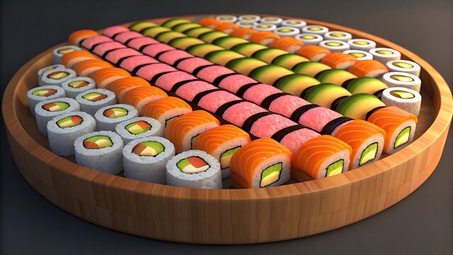 Illustration of delicious sushi platter with assorted rolls and toppings on a wooden tray