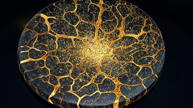 Kintsugi Ceramic Plate: A close-up shot of a unique ceramic plate, its surface intricately adorned with the traditional Japanese art of Kintsugi. Glimmering gold veins trace the lines of cracks.