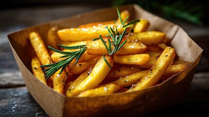 Crispy golden fries with rosemary and spices in a brown paper box