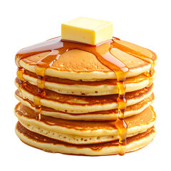 Stack of fluffy pancakes with butter and syrup melts.
