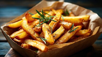 Crispy golden fries with rosemary and spices in a brown paper box
