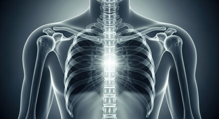 Glowing human spine and ribcage medical x-ray anatomy visualization abstract science background