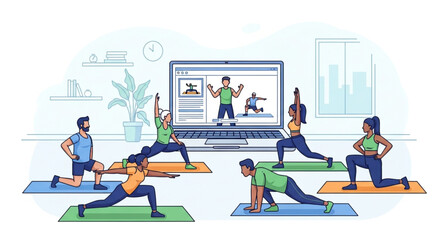 Online fitness class concept with group of people doing exercise at home with trainer on laptop screen, vector illustration