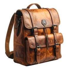 Rustic brown leather backpack with multiple buckles and pockets.