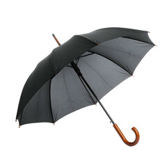 Elegant black umbrella with wooden handle opens for protection against rain.