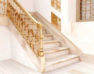 Luxurious classic staircase interior featuring ornate gold gilded railing balustrade and soft beige marble steps in an elegant mansion
