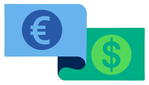 Euro and Dollar Currency Exchange Concept Featuring Blue and Green Symbol Over Transparent Background