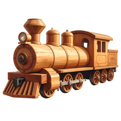 A charming wooden toy steam locomotive is depicted on a black background.
