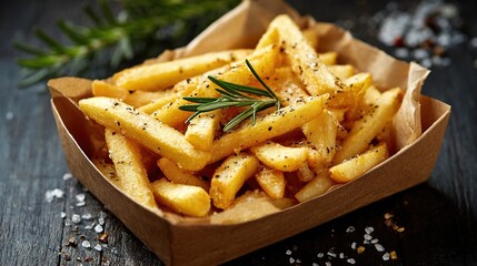 Crispy golden fries with rosemary and spices in a brown paper box