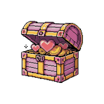 Pixel treasure chest with hearts, golden coins, fantasy loot box, cute game reward, kawaii retro illustration design