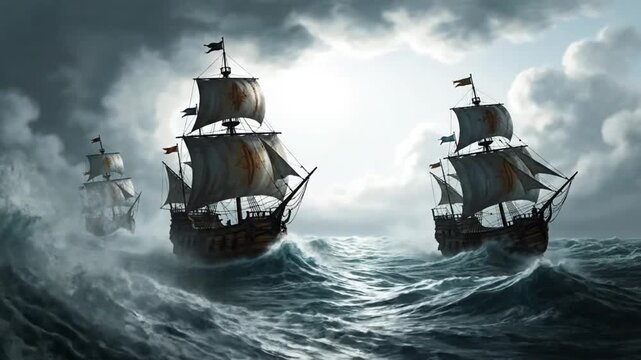 Stormy Seas: Three Sailing Ships Battling Rough Waves