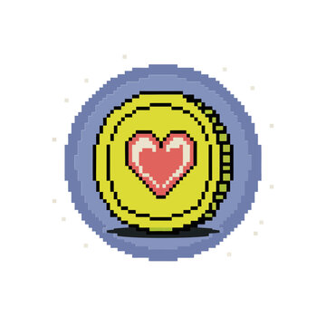 Round pixel coin with heart center, vintage arcade economy, cute currency symbol, minimalist 8 bit icon