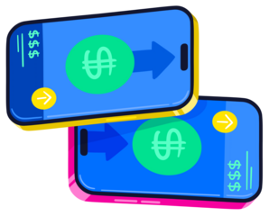 Digital Money Transfer Through Two Blue Smartphones with Green Dollar Symbols and Blue Arrows on Transparent Background Illustrating Financial Transaction Concept