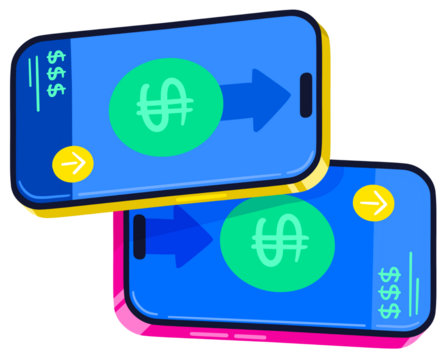 Digital Money Transfer Through Two Blue Smartphones with Green Dollar Symbols and Blue Arrows on Transparent Background Illustrating Financial Transaction Concept