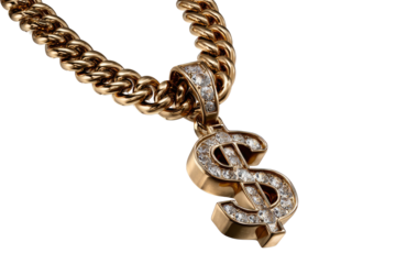 Gold chain and diamond dollar sign pendant on dark background