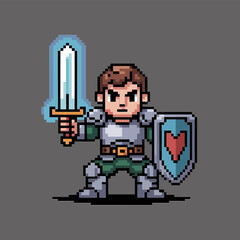 pixel knight warrior with sword and shield, retro game hero, fantasy guardian character, arcade style, vector illustration