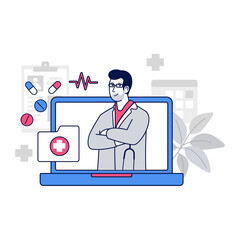 Doctor Appears On Laptop Screen For Online Medical Consultation Holding Digital Clipboard With Pills And Heartbeat Graph Background With Calendar And Folder With Cross Symbol