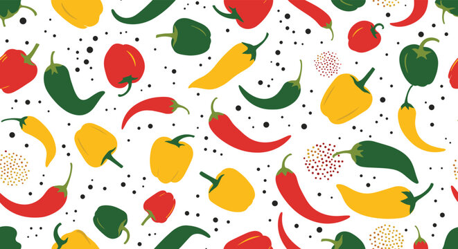 A vibrant assortment of colorful chili peppers and bell peppers scattered across a white background with speckles.