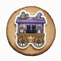 Mystical Halloween Wagon with Black Cats and Owl