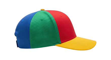 Gambar colorful baseball cap with multicolored panels dengan detail bright, casual, hat, fashion accessory, trendy cap.