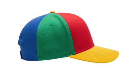Gambar colorful baseball cap with multicolored panels dengan detail bright, casual, hat, fashion accessory, trendy cap.